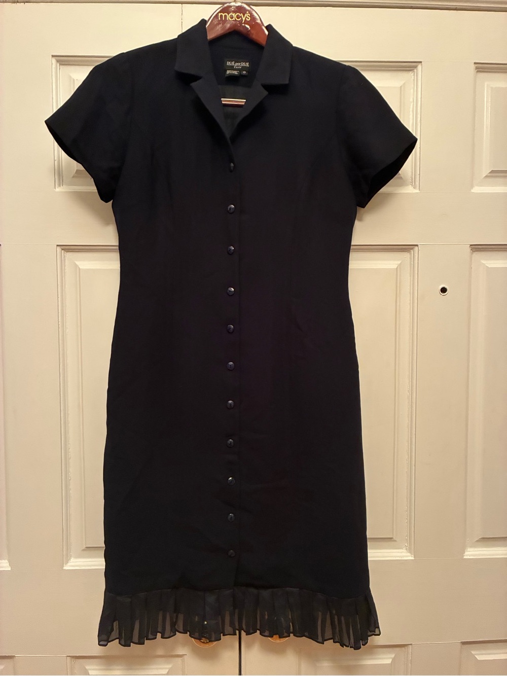 Black Short-Sleeve Button-Down Dress with Sheer Ruffle Hem